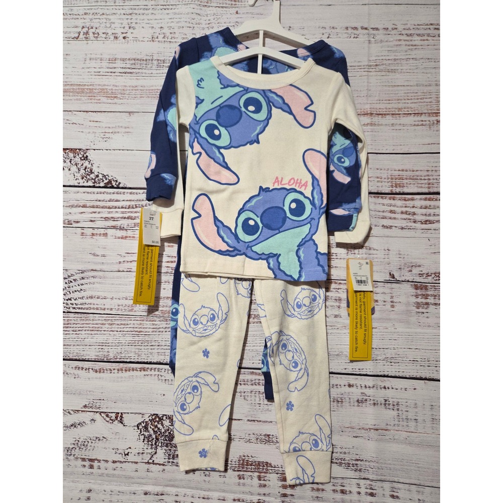 Disney Lilo & Stitch 4-Piece Pajama Set 3T Cotton Long Sleeve Navy Cream